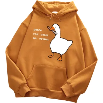 Pánská mikina Pánská mikina s kapucí a kapsami Jednobarevná mikina s potiskem kachny s nožem a nápisem Peace Was Never an Option Stylový polyesterový model hnědá M