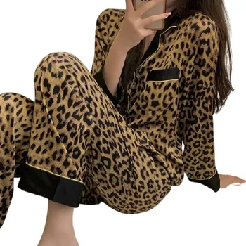 Dámské pyžamo Dámské pyžamo s dlouhým rukávem a kalhotami Leopardí vzor Elegantní komplet s límečkem kapsičkou a zapínáním na knoflíky Polyester Spandex