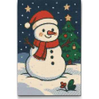 Diamantové malování Diamantové malování - Sněhulák u vánočního stromku Velikost: 20x30cm, Rámování: Pouze srolované plátno, Diamanty: Kulaté