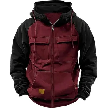 Pánská mikina Pánská mikina na zip s kapucí a kapsami Stylová sportovní mikina s kapsičkami na prsou z odolného polyesteru Pohodlné oblečení pro každý den vínová XXL