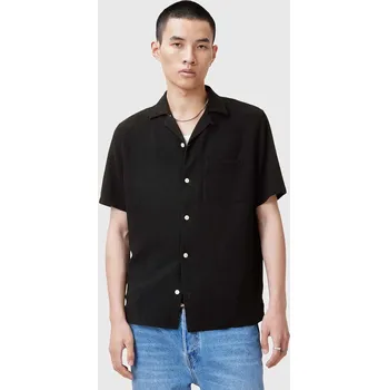 Pánská košile Košile s příměsí lnu AllSaints CUDI pánská, černá barva, regular, M052SC 99X, vel. M
