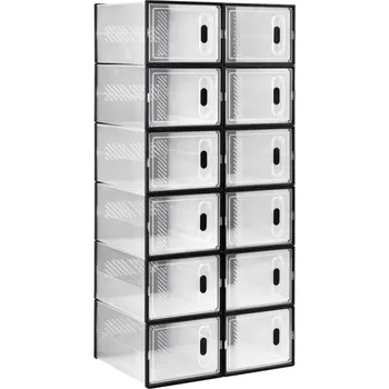 Úložný box Průhledný černý skládací organizér na boty 12 boxů 35x25x19 cm