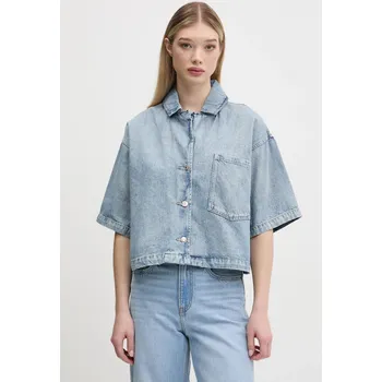 Dámská košile Džínová košile HUGO dámská, modrá barva, relaxed, s klasickým límcem, 50535366 55X, vel. L