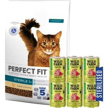 Krmivo pro kočku Perfect Fit™ - suché kompletní krmivo pro dospělé kočky po kastraci, bohaté na kuřecí maso 7kg + WILD FARM Premium Grain Free Lamb and Tuna 6x400g