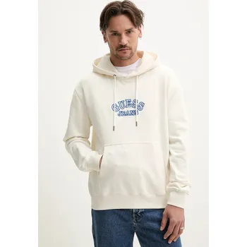 Pánská mikina Bavlněná mikina Guess Jeans pánská, béžová barva, s kapucí, s aplikací, M5GQ40 KCTY1 M5GQ40.KCTY1 01X, vel. XXL