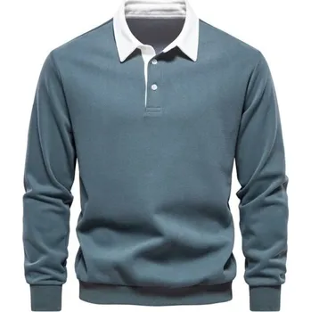 Pánská mikina Pánská bavlněná mikina s límečkem a polovičním zapínáním na knoflíky Jednobarevné polo s dlouhým rukávem Pohodlný elegantní model pro každý den zelená XS