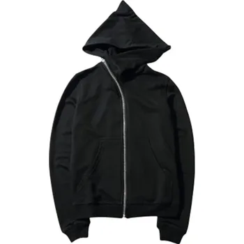 Pánská mikina Pánská černá mikina na zip s kapucí Stylová asymetrická mikina se šikmým zipem z polyesteru, bavlny, viskózy a spandexu Moderní streetwear L