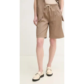 Dámské kraťasy Šortky s příměsí lnu La Petite Française SOLANGE béžová barva, high waist, SOLANGE PFSOLANGE 80X, vel. 40