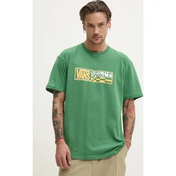 Bavlněné tričko Vans zelená barva, s potiskem, VN000NHMBR11 77X, vel. S