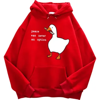 Pánská mikina Pánská mikina s kapucí a kapsami Jednobarevná mikina s potiskem kachny s nožem a nápisem Peace Was Never an Option Stylový polyesterový model červená L