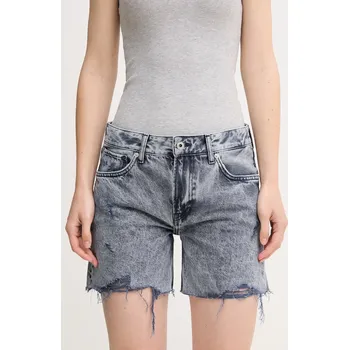 Dámské kraťasy Bavlněné riflové kraťasy Pepe Jeans REGULAR SHORT MW DISTRESSED dámské, tmavomodrá barva, melanžové, medium waist, PL801186UN4 59X, vel. 28