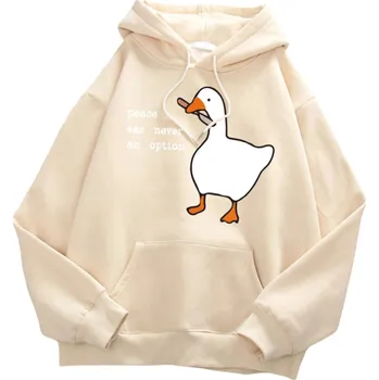 Pánská mikina Pánská mikina s kapucí a kapsami Jednobarevná mikina s potiskem kachny s nožem a nápisem Peace Was Never an Option Stylový polyesterový model béžova XS