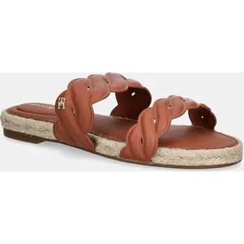 Dámské pantofle Kožené pantofle Tommy Hilfiger LEATHER ROPE ESPADRILLE MULE dámské, hnědá barva, FW0FW08503 88X, EUR 38