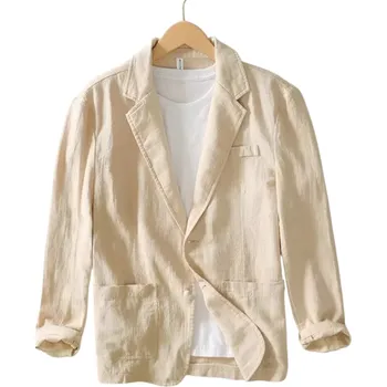 Pánské sako Pánské lněné sako 70% len 30% bavlna Elegantní prodyšné sako pro muže s kapsami a knoflíky Jednobarevné stylové sako v různých barvách béžova XL