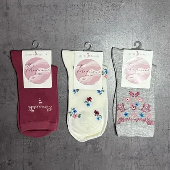 Dámské ponožky Dámské bavlněné ponožky s květinkami 3 páry šedá/červená/smetanová 34325 - 35-38 | P699753