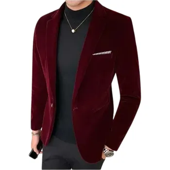 Pánské sako z polyesteru a viskózy Elegantní jednobarevné sako pro muže s kapsičkou na prsou Stylové formální sako s knoflíkem v různých barvách vínová XL