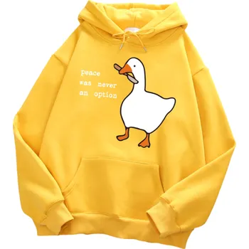 Pánská mikina Pánská mikina s kapucí a kapsami Jednobarevná mikina s potiskem kachny s nožem a nápisem Peace Was Never an Option Stylový polyesterový model žlutá XS