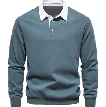 Pánská mikina Pánská bavlněná mikina s límečkem a polovičním zapínáním na knoflíky Jednobarevné polo s dlouhým rukávem Pohodlný elegantní model pro každý den zelená S