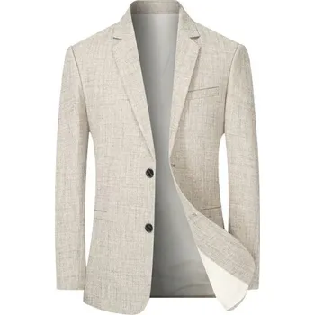 Pánské sako z polyesteru a bavlny Elegantní prodyšné sako pro muže s kapsami a kapsičkou na prsou Jednobarevné stylové sako s knoflíkem béžova M