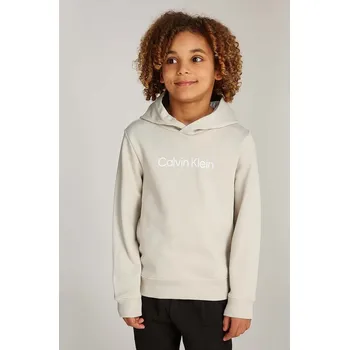 Chlapecká mikina Dětská bavlněná mikina Calvin Klein Jeans béžová barva, s kapucí, s potiskem, IU0IU00679 IU0IU00679.128.176.9BYH 12X, vel. 140