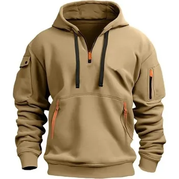 Pánská mikina Pánská mikina s polovičním zipem a kapucí Jednobarevná sportovní mikina s kapsami a kapsičkami na pažích z odolného polyesteru Pohodlný střih béžova S