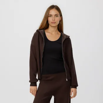 Dámský svetr Reserved - Propínací svetr s kapucí - hnědá - 025GH-88X - 025GH-88X-XL