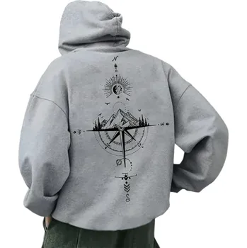 Pánská mikina Pánská mikina s kapucí a kapsami Jednobarevná sportovní mikina s jemným vzorem kompasu vpředu i na zádech Pohodlný polyesterový materiál šedá M