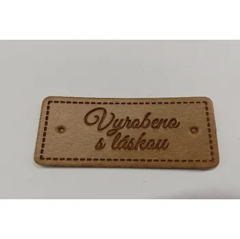 Štítek "Vyrobeno s láskou" 5x2cm, umělá kůže - tmavší hnědá