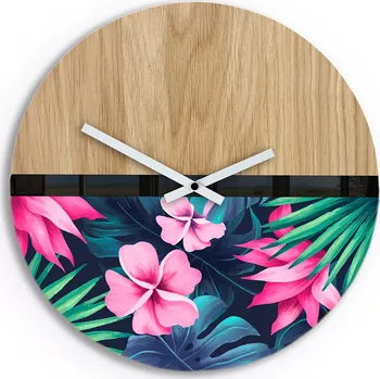 Hodiny Dřevěné nástěnné hodiny Flower 33 cm dub přírodní/růžové