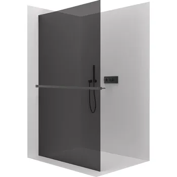 Cerano Sprchová zástěna Walk-in Crystal L/P, 8 mm + polička/držák na ručníky, bezvzpěrový systém, černá matná, grafitové sklo, 160x200 cm, CER-8050BD6906
