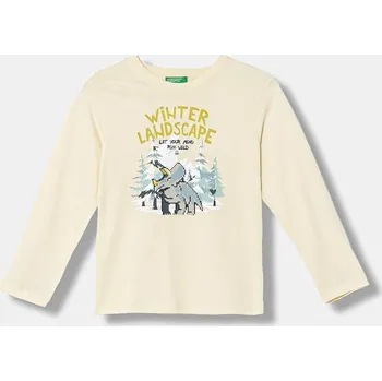 Dětské bavlněné tričko s dlouhým rukávem United Colors of Benetton béžová barva, s potiskem, 3ATNG10KU 3ATNG10KU.P.Seasonal 80X, vel. 110