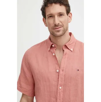 Pánská košile Lněná košile Tommy Hilfiger růžová barva, regular, s límečkem button-down, MW0MW35207 30X, vel. S