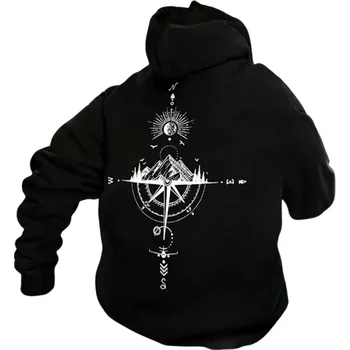 Pánská mikina Pánská mikina s kapucí a kapsami Jednobarevná sportovní mikina s jemným vzorem kompasu vpředu i na zádech Pohodlný polyesterový materiál černá XXS