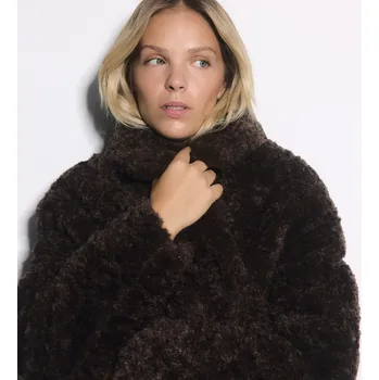 Reserved - Bunda z umělé ovčí vlny - pudrově hnědá - 693AY-98X - 693AY-98X-XL