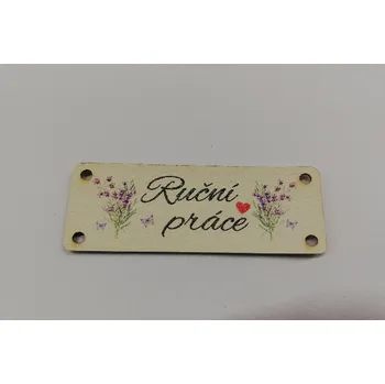 Štítek "Ruční práce" 5x2cm, umělá kůže - bílá s levandulí