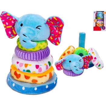 Pyramida slon 21 cm plyšová s pískátkem a kroužky 4 ks 18 m+