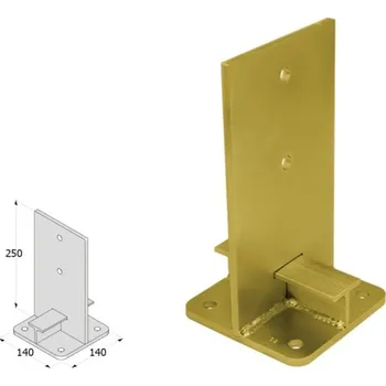 Tesařské kování DOMAX PUW šroubovací patka sloupku typu T Galvanický zinek žlutý (ZNZ) PUW 140 - 140 x 41 x 250 x 8 mm (1 ks)