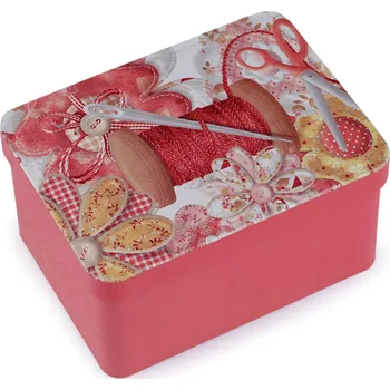 Organizér galanterie Krabička na šití a jehly, plechová 790322/5 růžová, špulka nití, 9,5 x 12,5 x 6,5cm (obdélník)