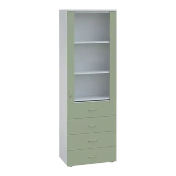 Šatní skříň LE - 64 skříň léková prosklená, pravá, korpus bílý, dvířka šedo-zelinkavá