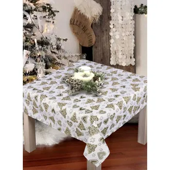Stolování Ubrus gobelinový vánoční, Srdíčka a stromeček, zlatohnědý