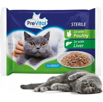 Krmivo pro kočku Prevital Sterilní krmivo pro kočky s Játry a Drůbežím masem v omáčce 4x100g