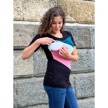 Mama L'amour Těhotenské a kojící tričko 3v1 Grigio černé mint rose Velikost: XL