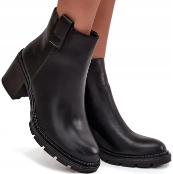 Dámská zimní obuv DÁMSKÉ KOTNÍKOVÉ BOTY Z EKOKŮŽE NA ZIP PODPATEK SLOUPEK ZATEPLENÉ ČERNÉ 39