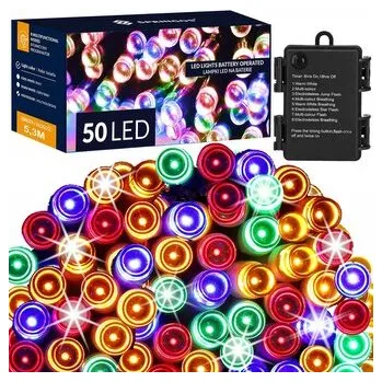 LED řetěz - 5m, 50LED, 8-funkcí, časovač, 3xAA, IP44, multicolor