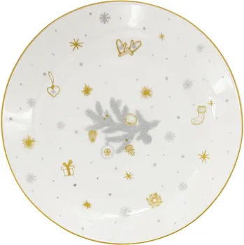 Vánoční dekorace by inspire Vánoční dezertní porcelánový talíř Stříbrná Koleda, ø 19 cm, stříbrná/zlatá