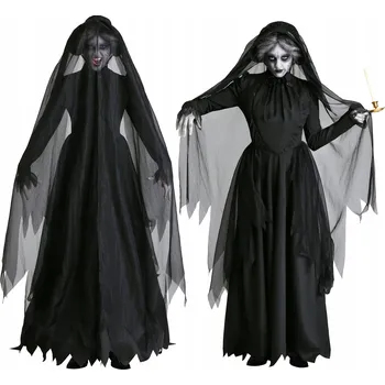 Karnevalový kostým HALLOWEENSKÉ KOSTÝMY DUCH NEVĚSTA ČARODĚJNICE UPÍR ČERNÉ ŠATY L