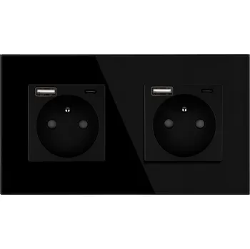 Elektrická zásuvka Dvojitá zásuvka FLEX s uzemněním, skleněná, s USB A+C 2x1, černá