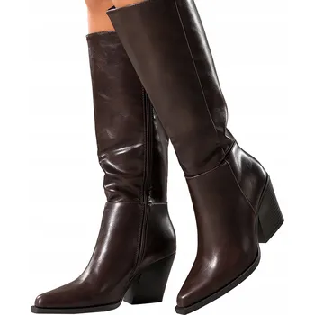 Dámské kozačky KOZAČKY Dámské Čokoládové Pohodlné Nad Koleno Se Šikmým Podpatkem Módní vel. 36