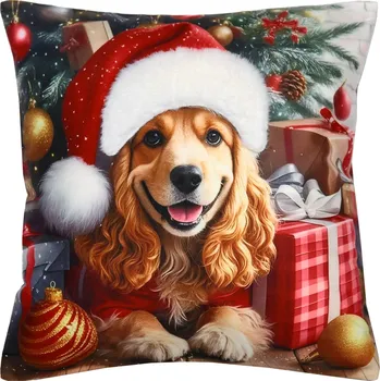Povlak na dekorativní polštářek Vánoční povlaky na polštáře 40x40 Dekorativní povlak na polštářek Pejsek s čepicí 3D
