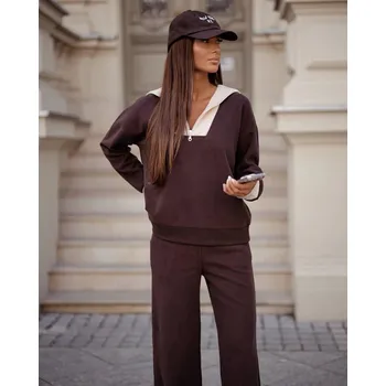 Dámská halenka Dámský komplet v čokoládové barvě - mikina se stojáčkem a široké kalhoty s kapsami (VE107) odstíny hnědé L (40)